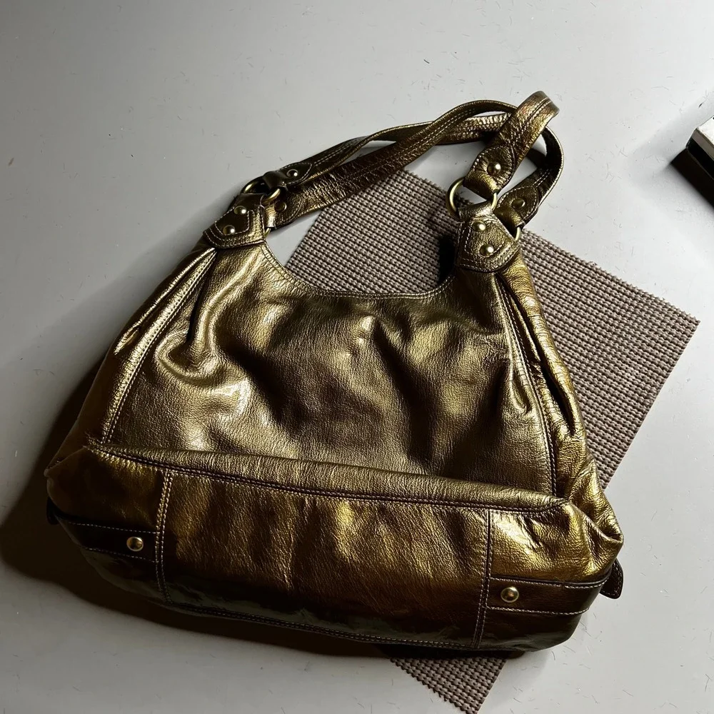Coach Metallic Gold Leather Hobo Shoulder Bag Turquoise Lining 14381
